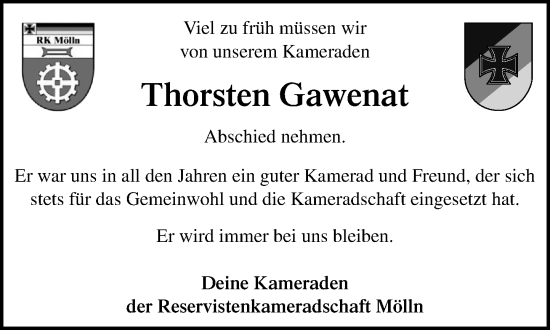 Traueranzeige von Thorsten Gawenat von MARKT Ratzeburg/Mölln