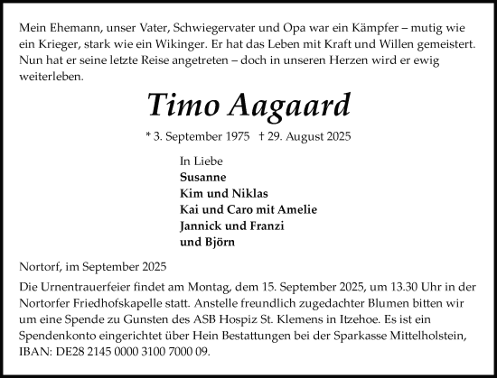 Traueranzeige von Timo Aagaard von Schleswig-Holsteinische Landeszeitung