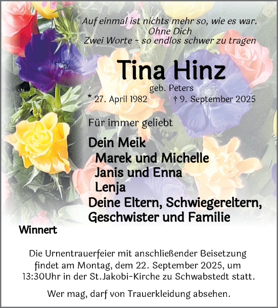 Traueranzeige von Tina Hinz von Husumer Nachrichten, Nordfriesland Tageblatt