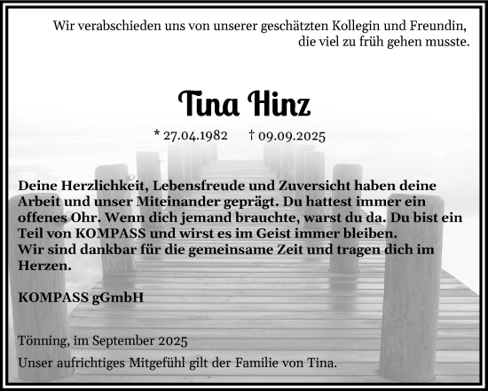 Traueranzeige von Tina Hinz von Husumer Nachrichten, Nordfriesland Tageblatt