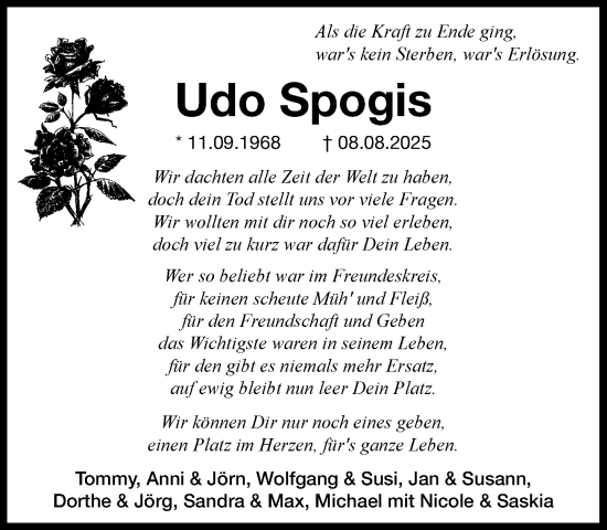 Traueranzeige von Udo Spogis von MARKT Ratzeburg/Mölln