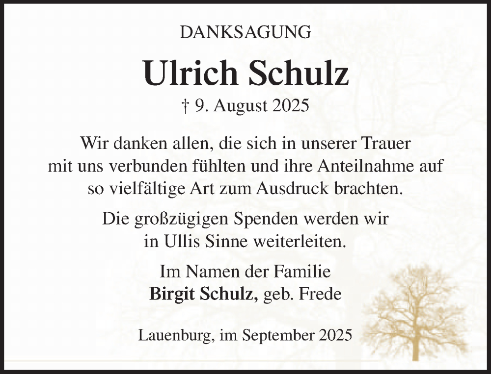  Traueranzeige für Ulrich Schulz vom 20.09.2025 aus Wochenend Anzeiger