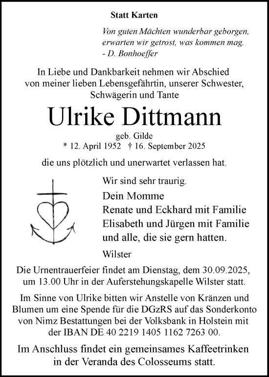 Traueranzeige von Ulrike Dittmann von Norddeutsche Rundschau, Wilstersche Zeitung, Glückstädter Fortuna