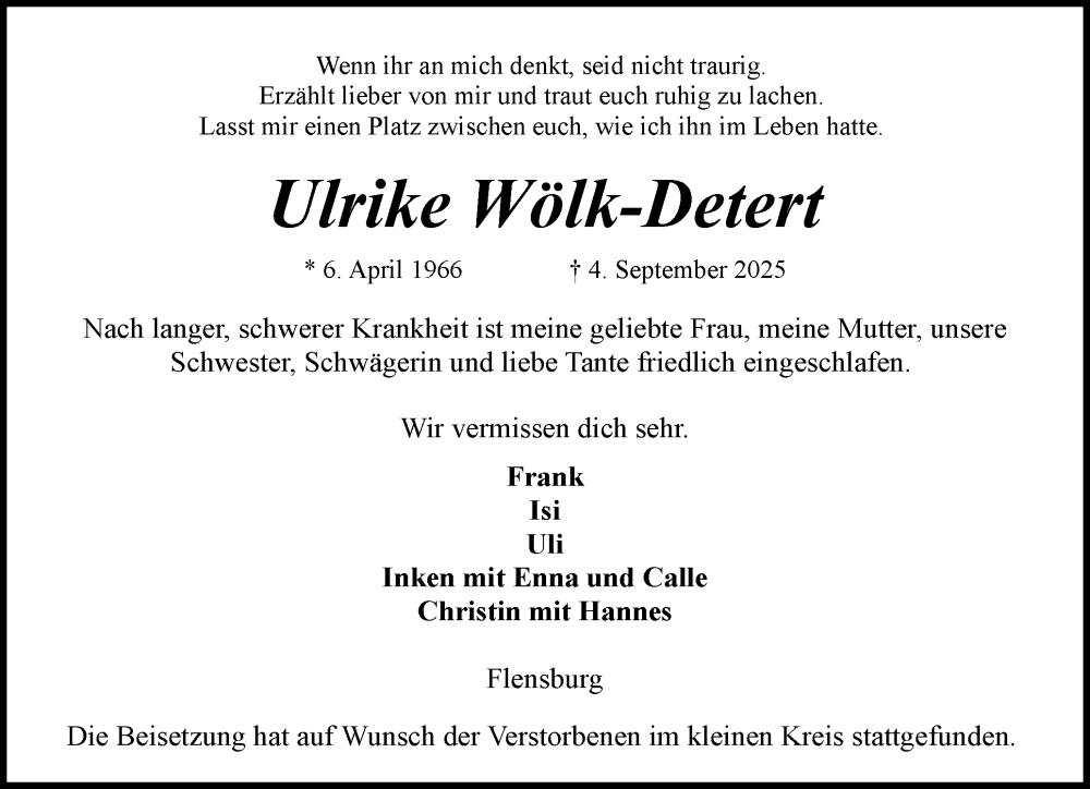  Traueranzeige für Ulrike Wölk-Detert vom 20.09.2025 aus Flensburger Tageblatt
