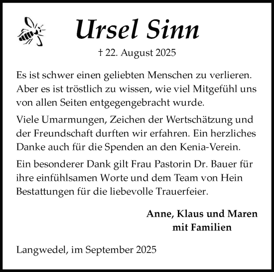 Traueranzeige von Ursel Sinn von Schleswig-Holsteinische Landeszeitung