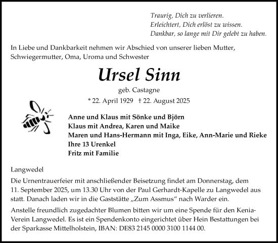 Traueranzeige von Ursel Sinn von Schleswig-Holsteinische Landeszeitung