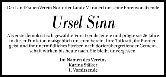 Traueranzeige von Ursel Sinn von Schleswig-Holsteinische Landeszeitung
