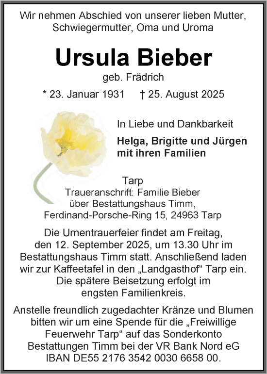 Traueranzeige von Ursula Bieber von Flensburger Tageblatt