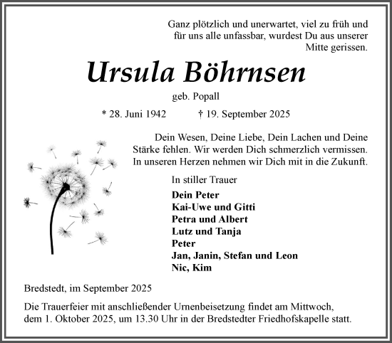 Traueranzeige von Ursula Böhrnsen von Husumer Nachrichten, Nordfriesland Tageblatt