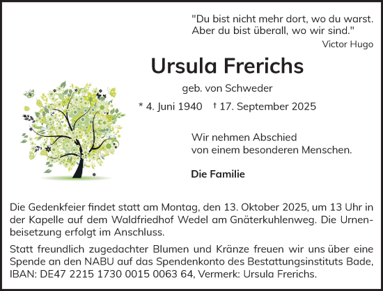 Traueranzeige von Ursula Frerichs von Region Pinneberg und tip Pinneberg