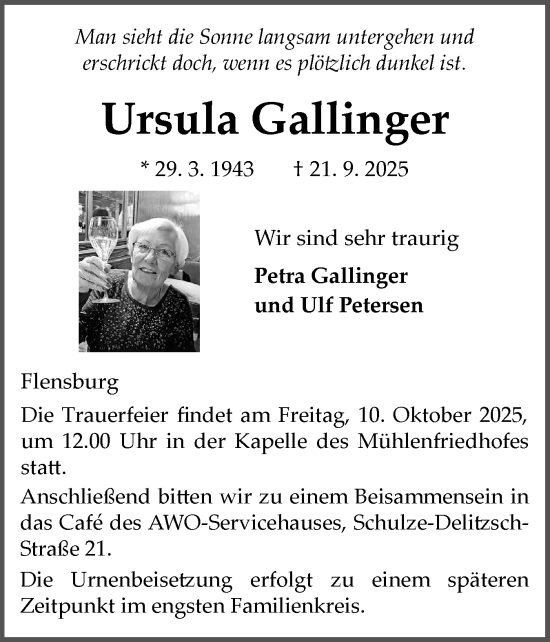 Traueranzeige von Ursula Gallinger von Flensburger Tageblatt