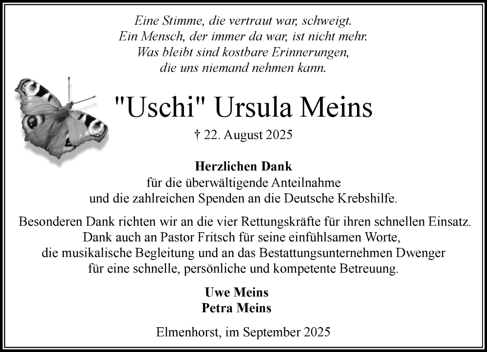  Traueranzeige für Ursula Meins vom 27.09.2025 aus MARKT Bad Oldesloe/Reinfeld, MARKT Ahrensburg/Bargteheide/Trittau und Stormarner Tageblatt