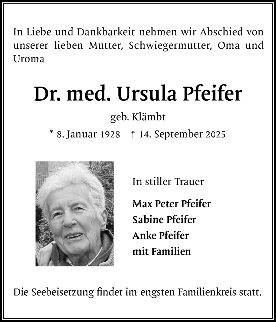 Traueranzeige von Ursula Pfeifer von Region Pinneberg und tip Pinneberg