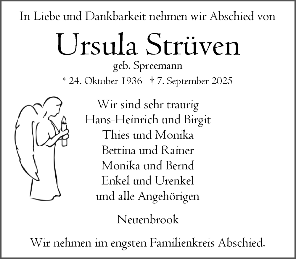  Traueranzeige für Ursula Strüven vom 13.09.2025 aus Norddeutsche Rundschau, Wilstersche Zeitung, Glückstädter Fortuna