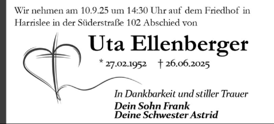 Traueranzeige von Uta Ellenberger von Flensburger Tageblatt
