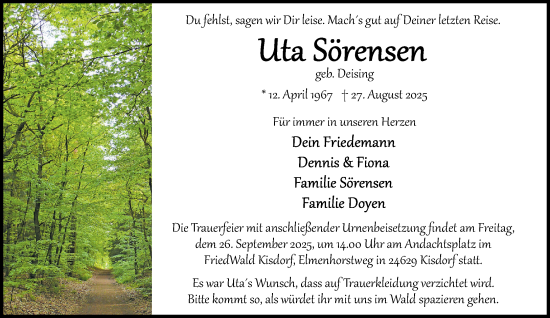 Traueranzeige von Uta Sörensen von Umschau