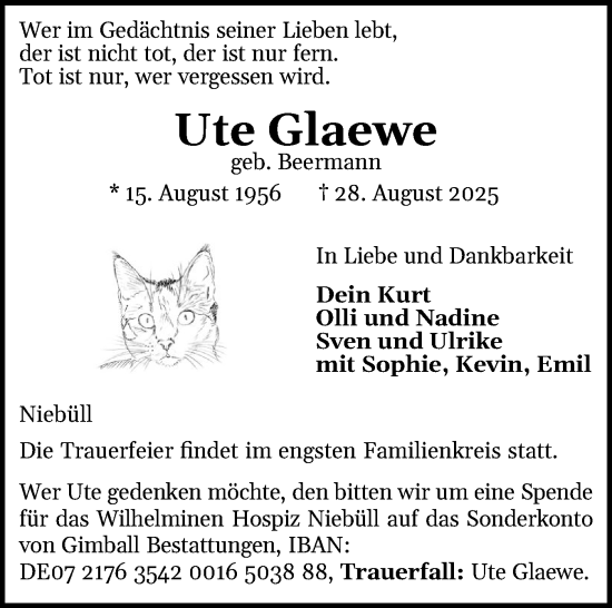 Traueranzeige von Ute Glaewe von Die WochenSchau Gesamtausgabe