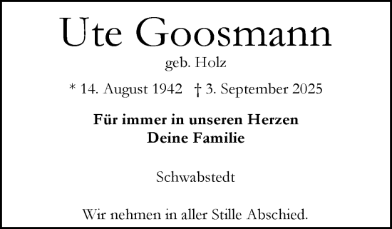 Traueranzeige von Ute Goosmann von Husumer Nachrichten, Nordfriesland Tageblatt