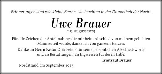 Traueranzeige von Uwe Brauer von Husumer Nachrichten, Nordfriesland Tageblatt