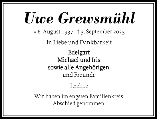 Traueranzeige von Uwe Grewsmühl von Norddeutsche Rundschau, Wilstersche Zeitung, Glückstädter Fortuna