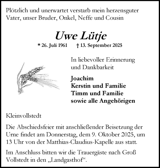 Traueranzeige von Uwe Lütje von Schleswig-Holsteinische Landeszeitung