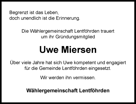 Traueranzeige von Uwe Miersen von Umschau