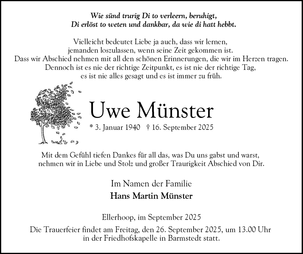  Traueranzeige für Uwe Münster vom 20.09.2025 aus Elmshorner Nachrichten, Barmstedter Zeitung