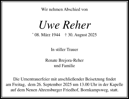 Traueranzeige von Uwe Reher von MARKT Ahrensburg/Bargteheide/Trittau und Stormarner Tageblatt