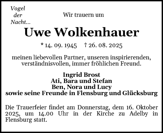 Traueranzeige von Uwe Wolkenhauer von Flensburger Tageblatt