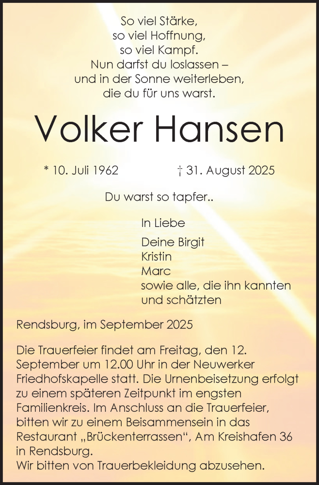  Traueranzeige für Volker Hansen vom 06.09.2025 aus Schleswig-Holsteinische Landeszeitung