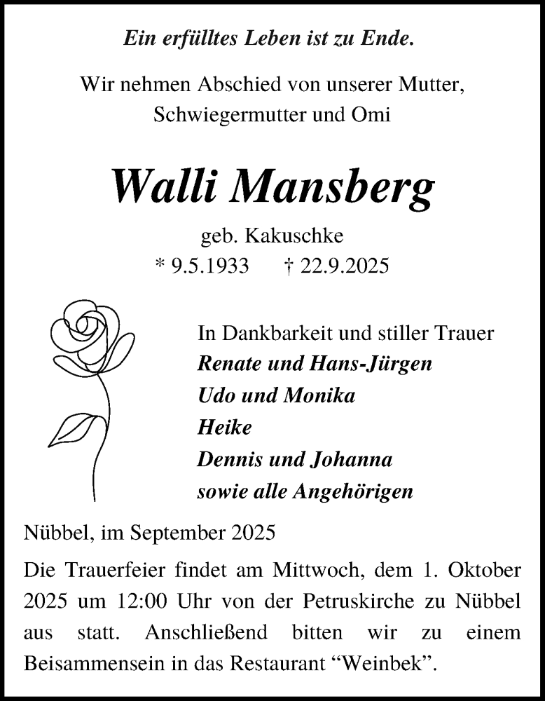  Traueranzeige für Walli Mansberg vom 27.09.2025 aus Schleswig-Holsteinische Landeszeitung