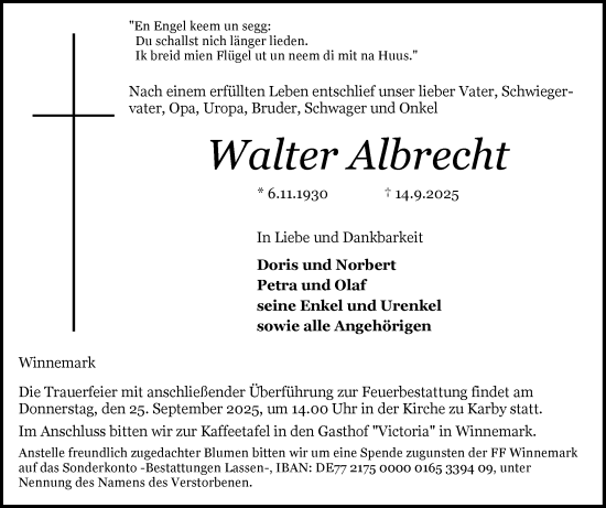 Traueranzeige von Walter Albrecht von Schleswiger Nachrichten, Schlei-Bote, Eckernförder Zeitung