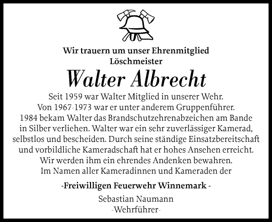 Traueranzeige von Walter Albrecht von Schleswiger Nachrichten, Schlei-Bote