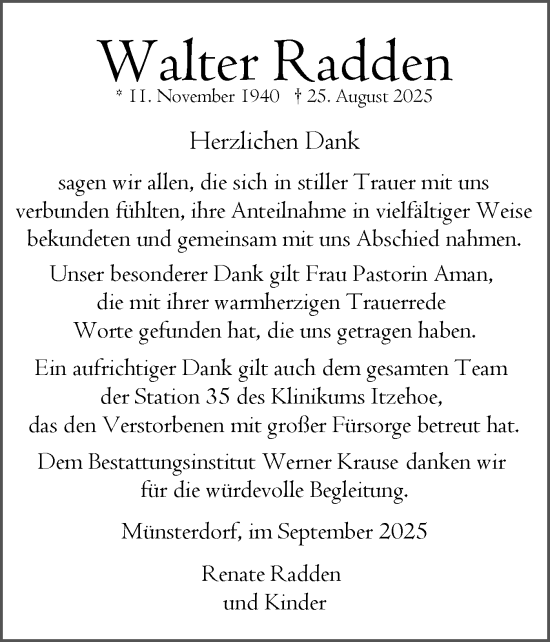 Traueranzeige von Walter Radden von Norddeutsche Rundschau, Wilstersche Zeitung, Glückstädter Fortuna