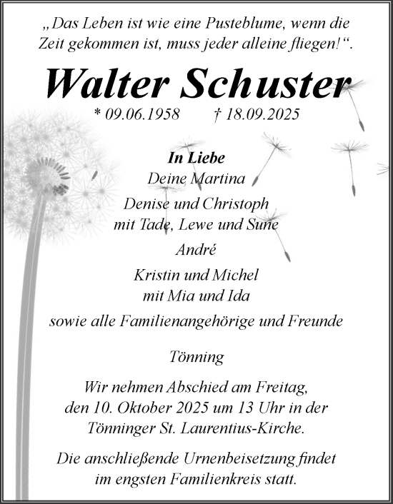 Traueranzeige von Walter Schuster von Husumer Nachrichten, Nordfriesland Tageblatt