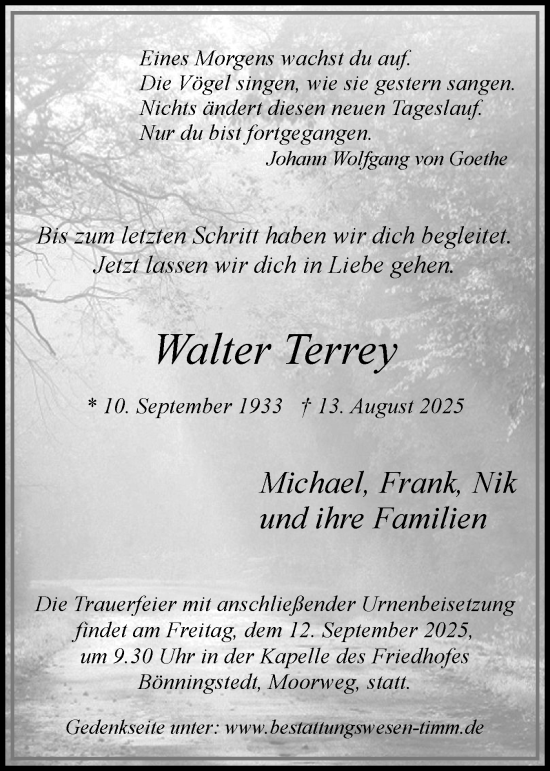 Traueranzeige von Walter Terrey von Region Pinneberg und tip Pinneberg
