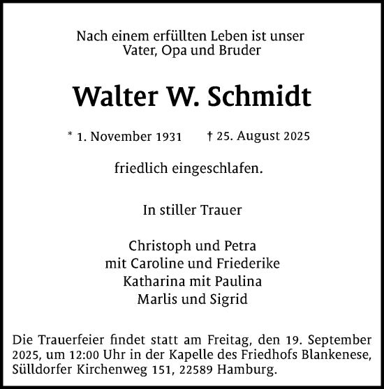 Traueranzeige von Walter W. Schmidt von Wedel-Schulauer Tageblatt, tip Wedel-Schulauer Tageblatt, tip Rissener Rundschau