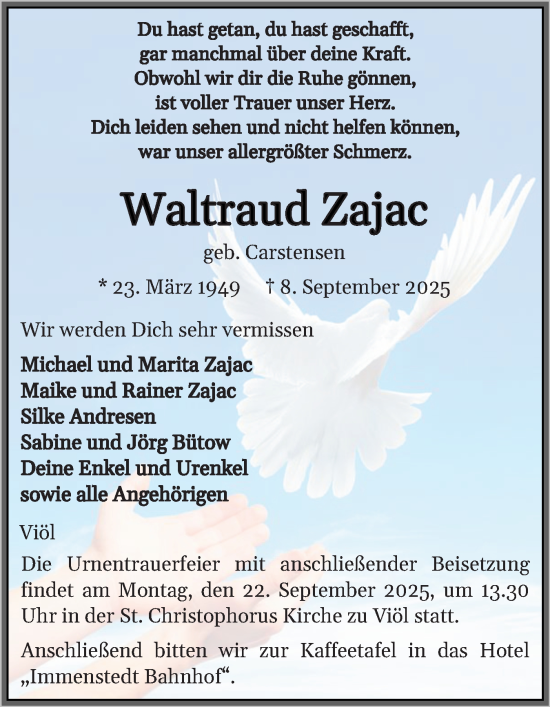 Traueranzeige von Waltraud Zajac von Husumer Nachrichten, Nordfriesland Tageblatt