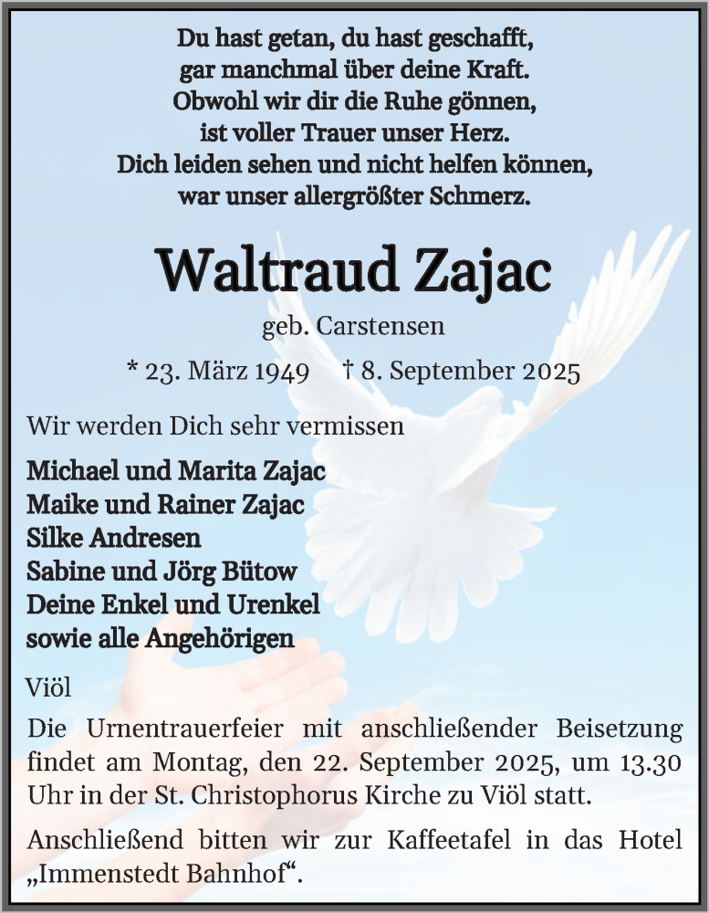  Traueranzeige für Waltraud Zajac vom 17.09.2025 aus Husumer Nachrichten, Nordfriesland Tageblatt