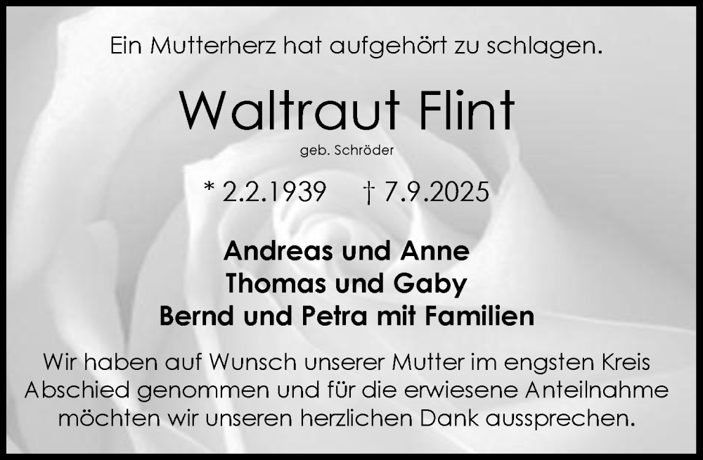  Traueranzeige für Waltraut Flint vom 27.09.2025 aus MARKT Ratzeburg/Mölln