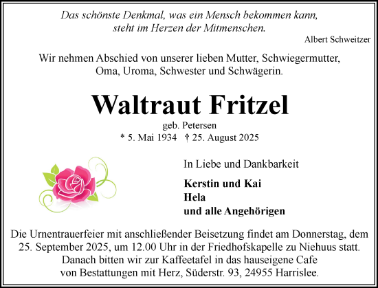 Traueranzeige von Waltraut Fritzel von Flensburger Tageblatt