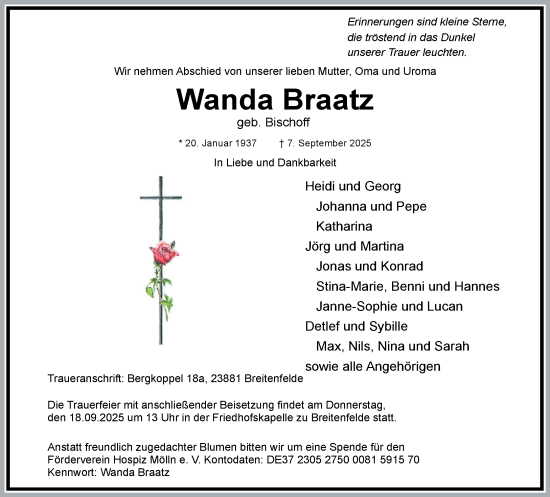 Traueranzeige von Wanda Braatz von MARKT Ratzeburg/Mölln