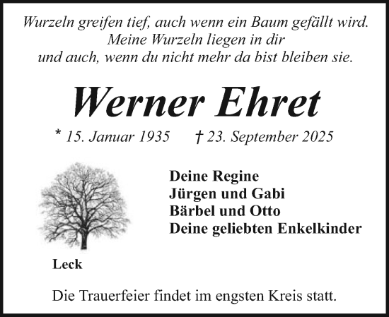 Traueranzeige von Werner Ehret von Husumer Nachrichten, Nordfriesland Tageblatt