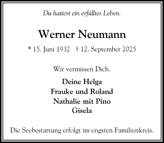 Traueranzeige von Werner Neumann von Heimatspiegel