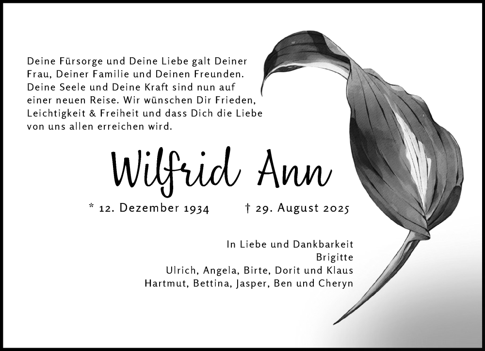  Traueranzeige für Wilfrid Ann vom 06.09.2025 aus MARKT Ahrensburg/Bargteheide/Trittau und Stormarner Tageblatt
