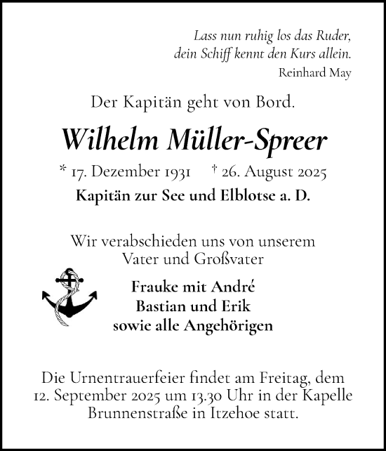 Traueranzeige von Wilhelm Müller-Spreer von Norddeutsche Rundschau, Wilstersche Zeitung, Glückstädter Fortuna