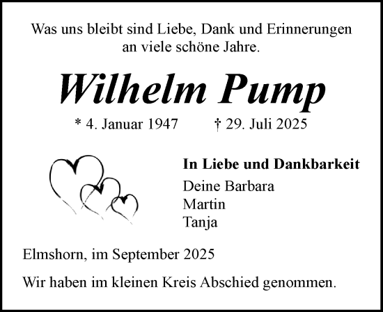 Traueranzeige von Wilhelm Pump von Elmshorner Nachrichten, Barmstedter Zeitung