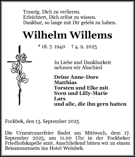 Traueranzeige von Wilhelm Willems von Schleswig-Holsteinische Landeszeitung