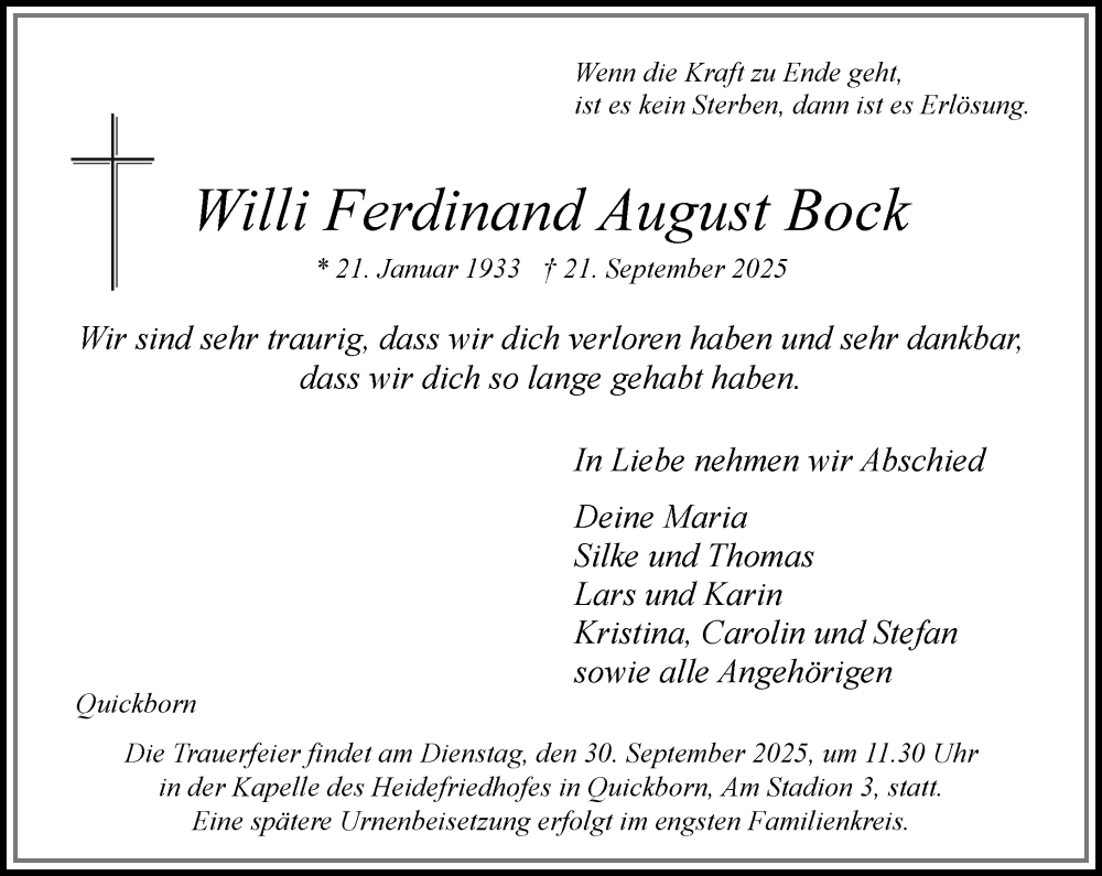  Traueranzeige für Willi Ferdinand August Bock vom 27.09.2025 aus Umschau