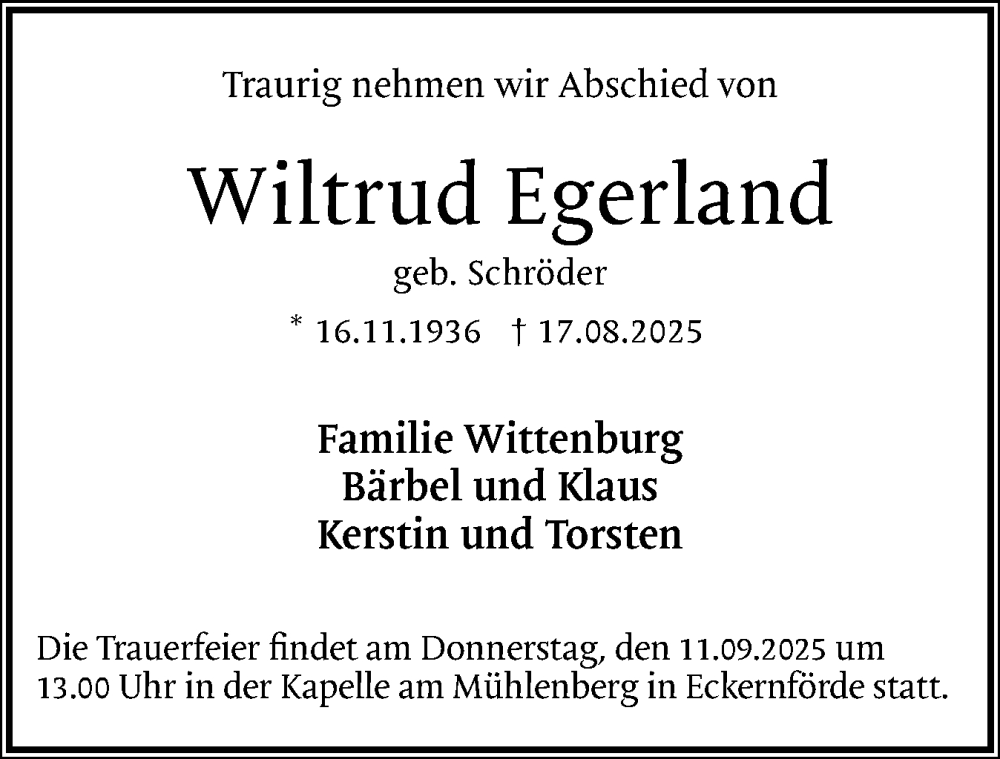  Traueranzeige für Wiltrud Egerland vom 06.09.2025 aus Eckernförder Zeitung, Hallo Eckernförde